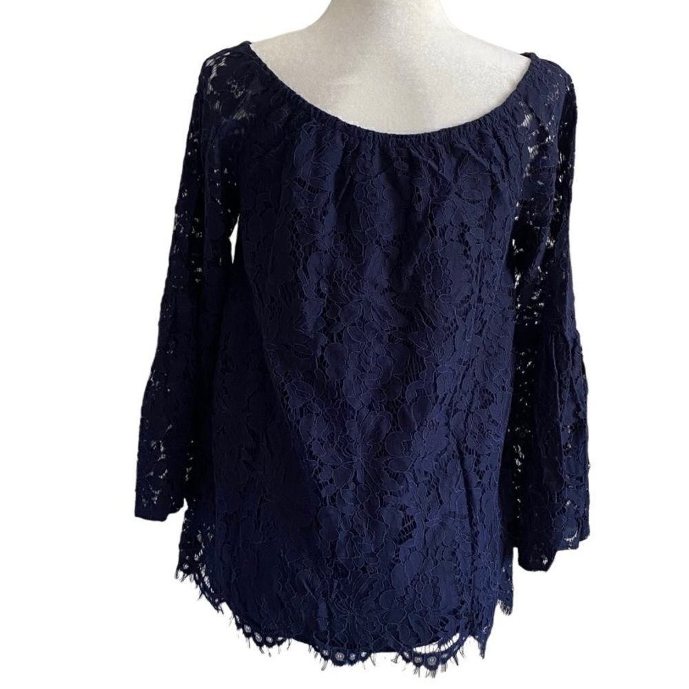 Chaser Woman’s Boho Lace Blouse Peasant Dark Blue Top M NEW - Picture 3 of 14